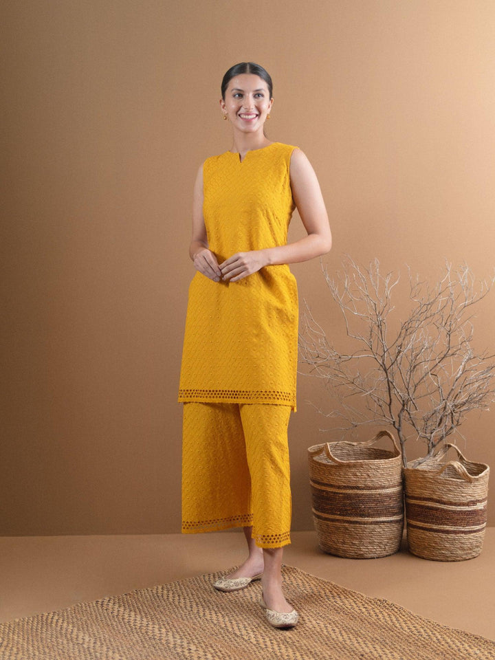 Yellow Schiffli Cotton Kurta Set - ShopLibas