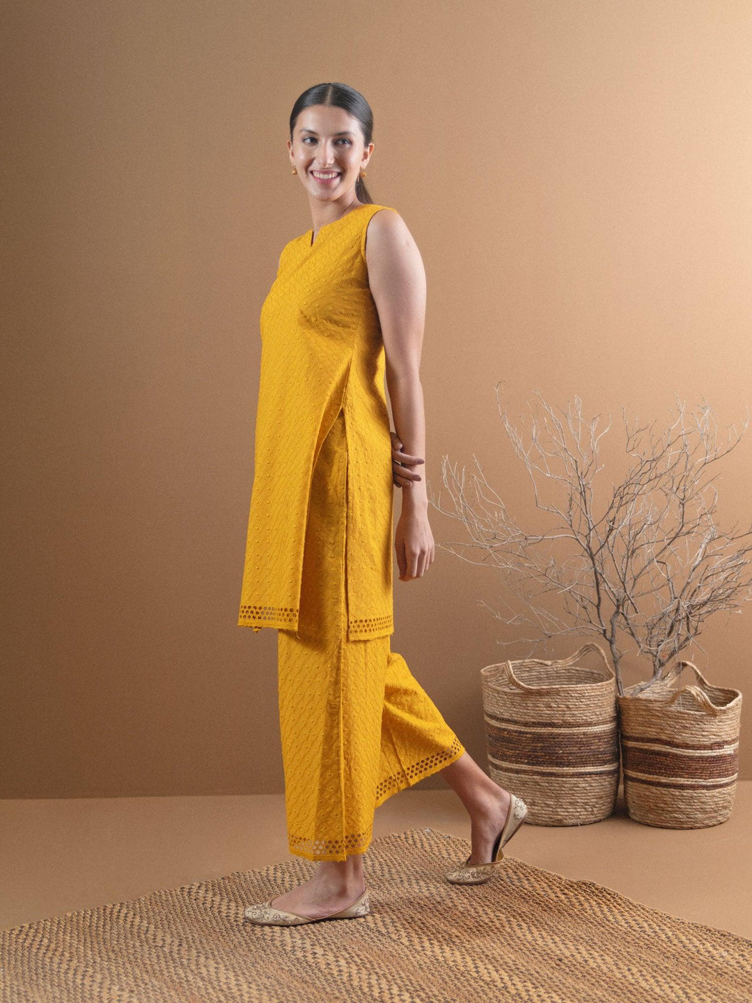 Yellow Schiffli Cotton Kurta Set - ShopLibas