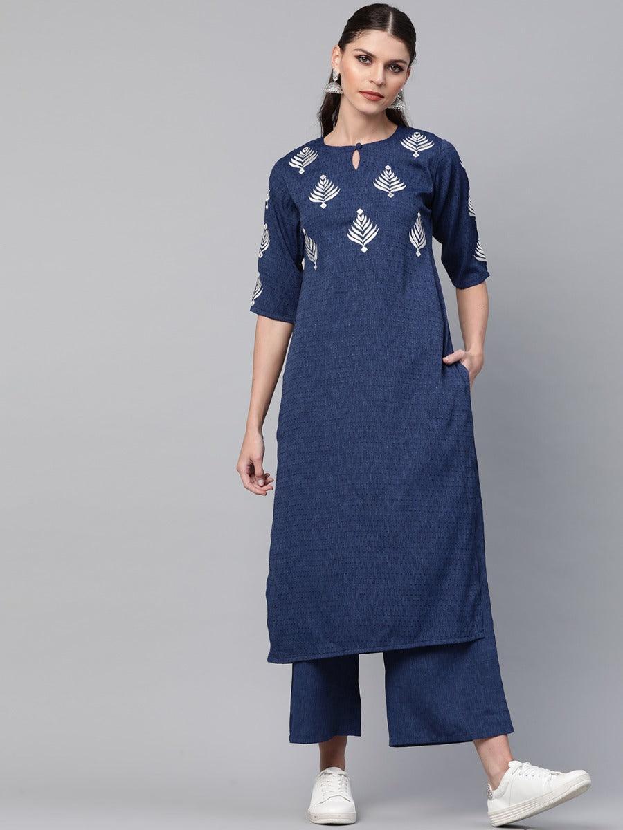 Blue Embroidered Rayon Kurta Set