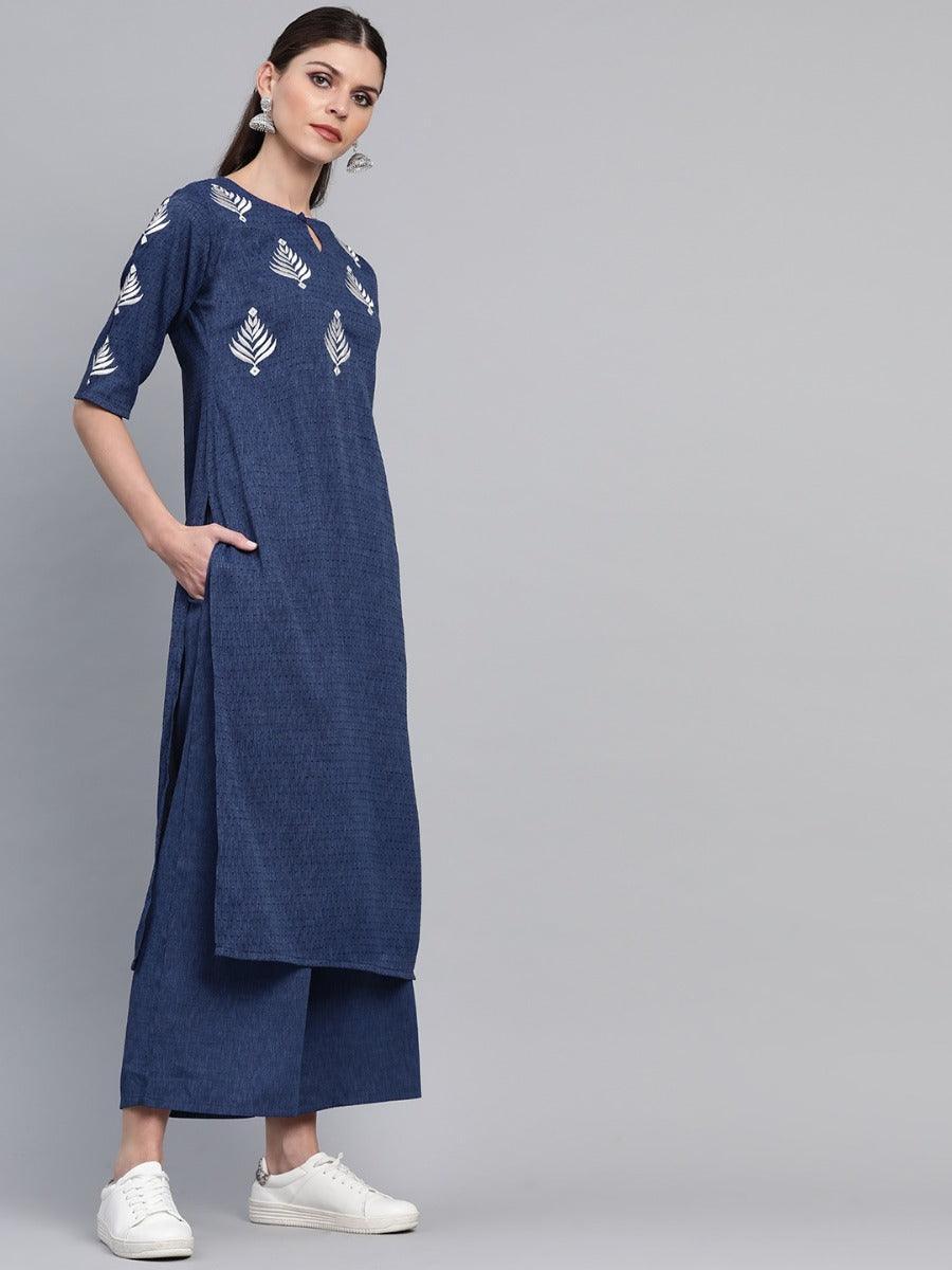 Blue Embroidered Rayon Kurta Set