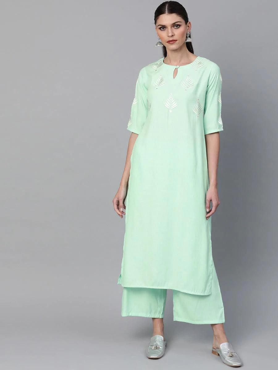 Sea Green Embroidered Rayon Kurta Set