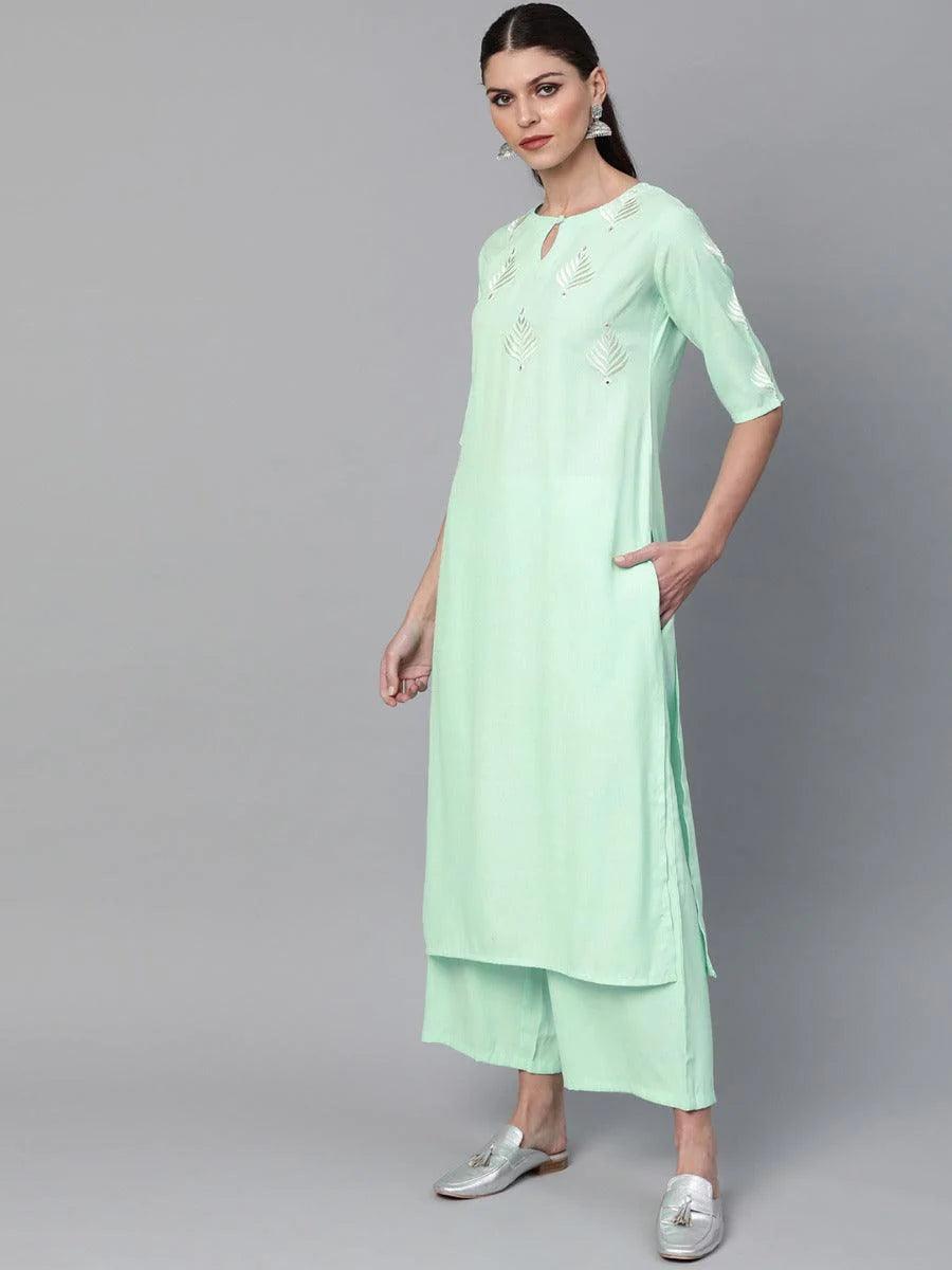 Sea Green Embroidered Rayon Kurta Set