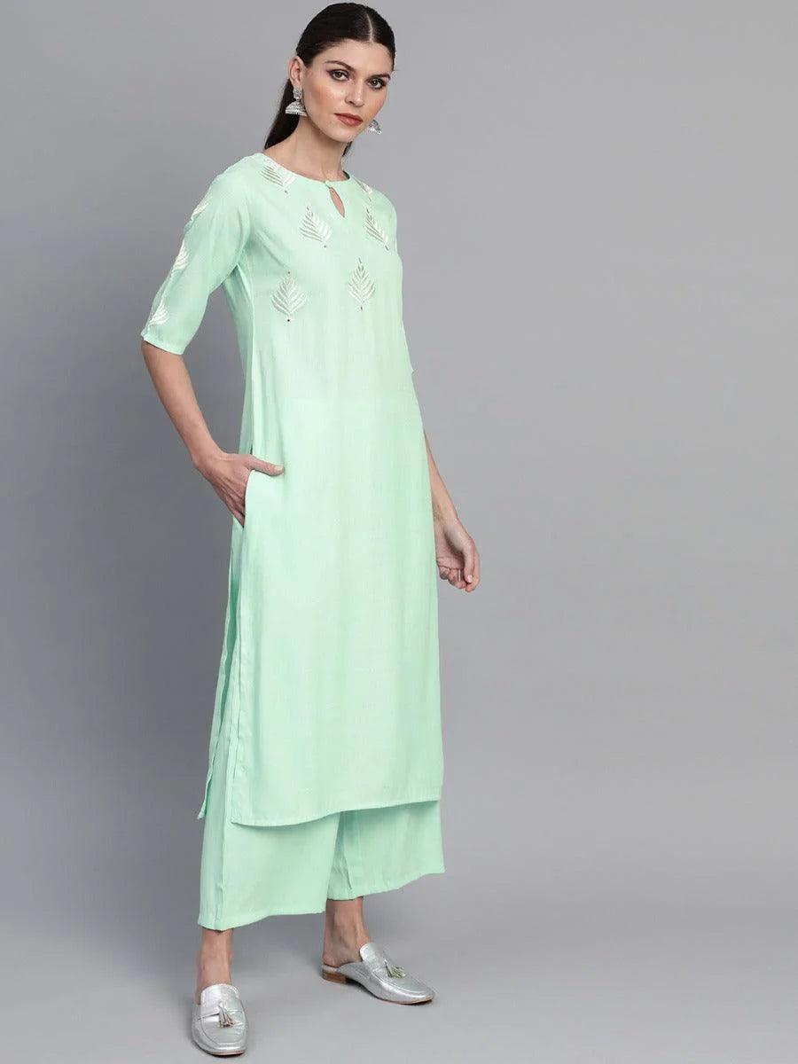 Sea Green Embroidered Rayon Kurta Set