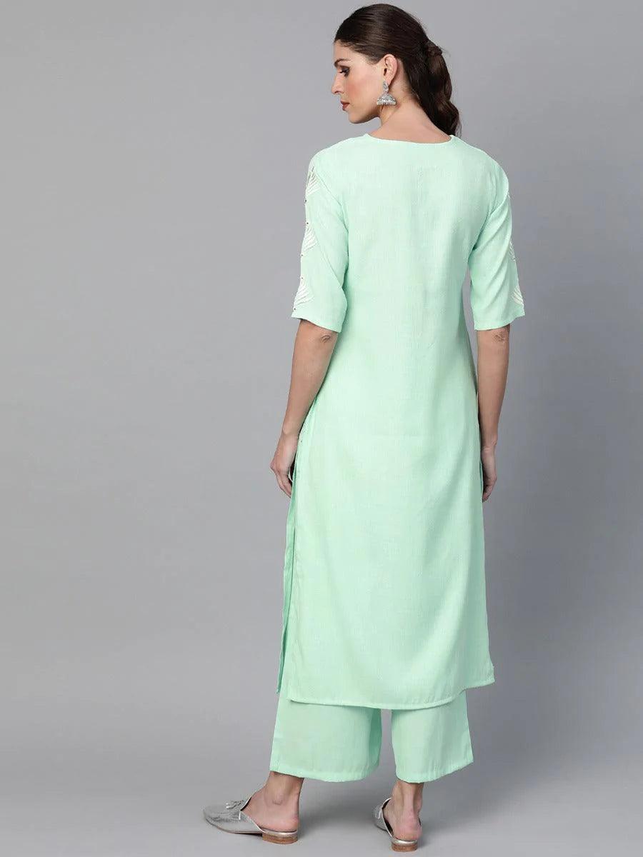 Sea Green Embroidered Rayon Kurta Set