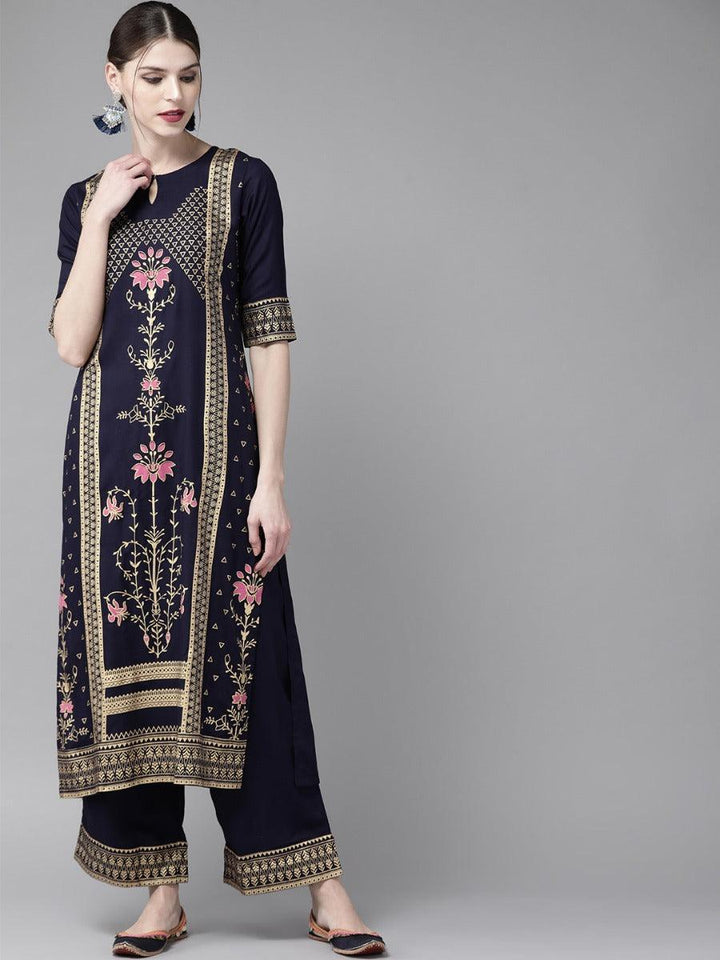 Navy Blue Printed Rayon Kurta Set - ShopLibas