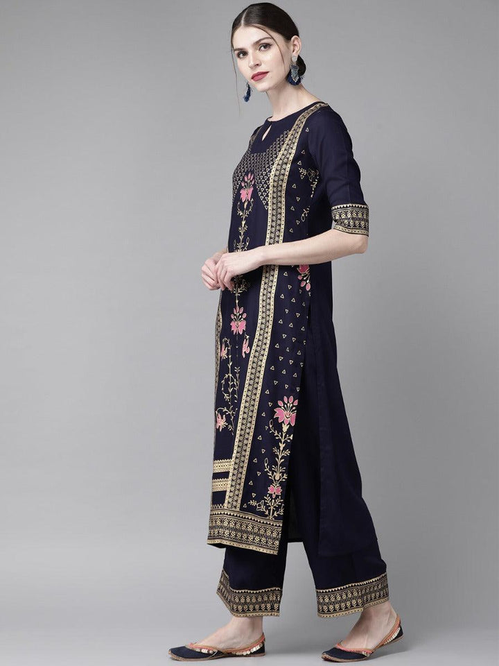 Navy Blue Printed Rayon Kurta Set - ShopLibas