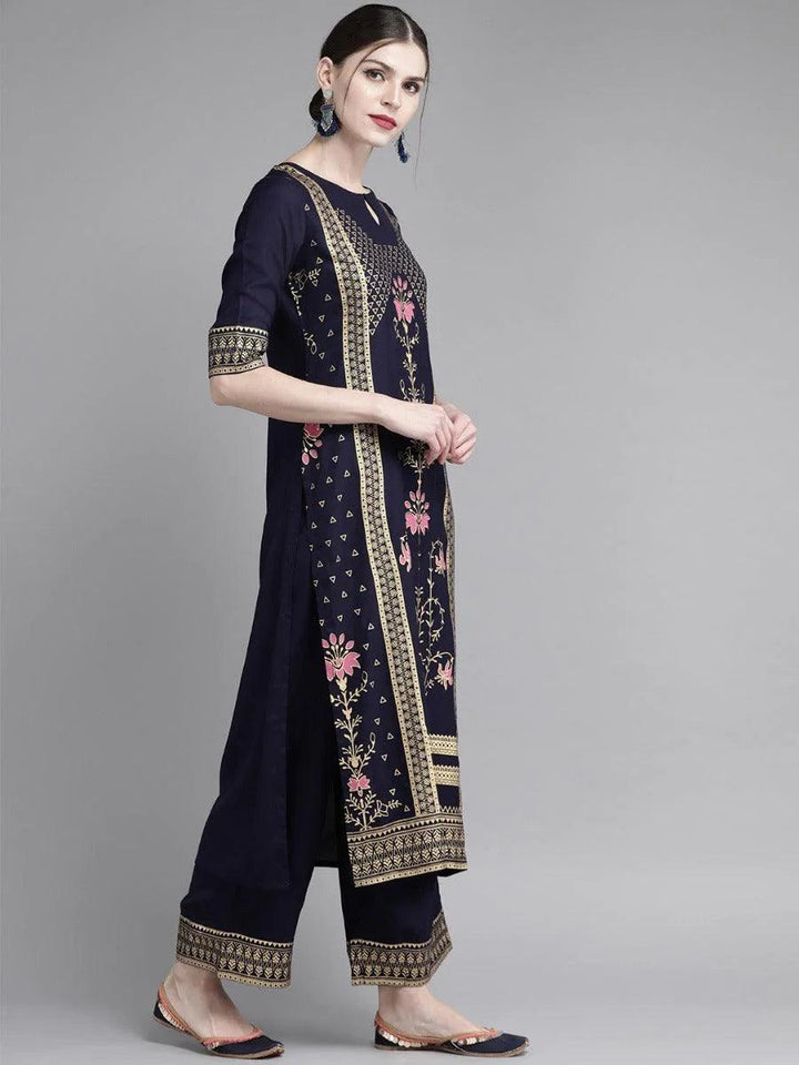 Navy Blue Printed Rayon Kurta Set - ShopLibas