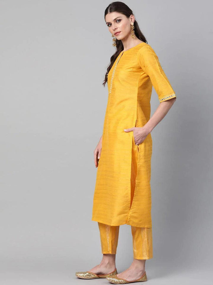 Yellow Self Design Chanderi Kurta Set - ShopLibas