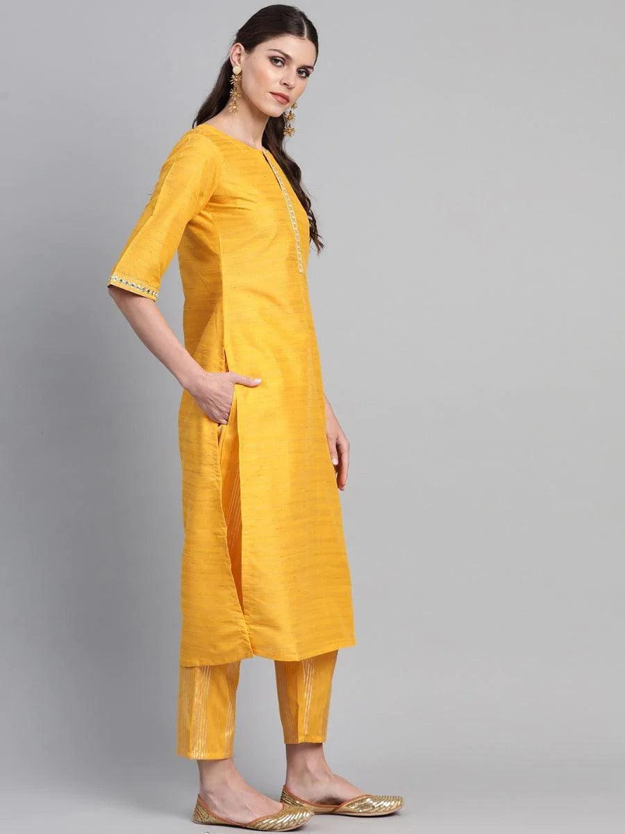 Yellow Self Design Chanderi Kurta Set - ShopLibas