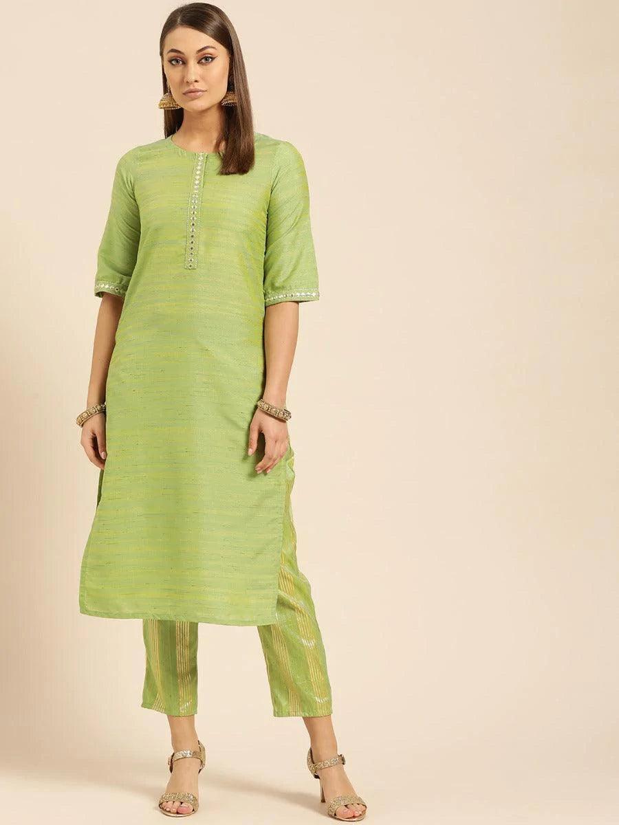 Olive Green Self Design Silk Kurta Set - ShopLibas