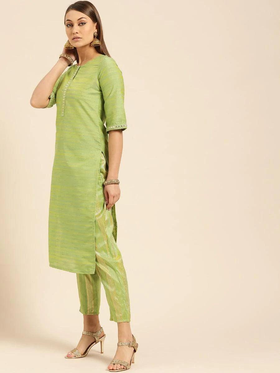 Olive Green Self Design Silk Kurta Set - ShopLibas