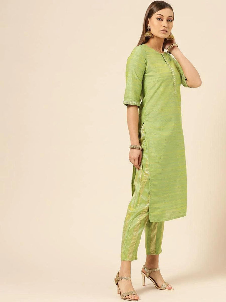 Olive Green Self Design Silk Kurta Set - ShopLibas