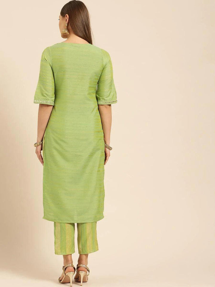 Olive Green Self Design Silk Kurta Set - ShopLibas