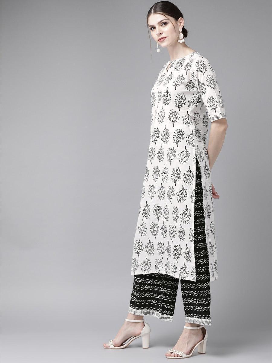 White Printed Cotton Suit Set