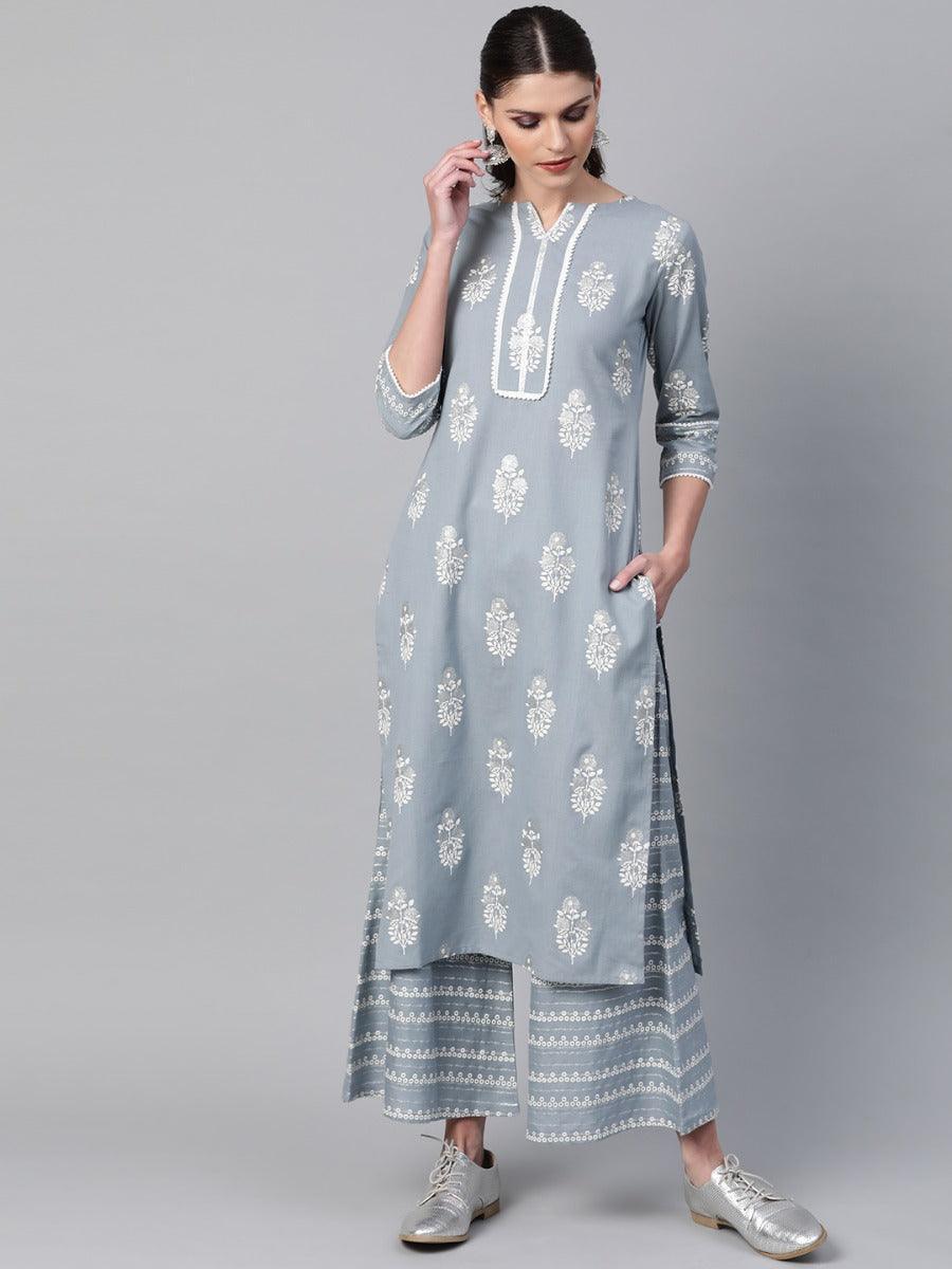 Grey Printed Cotton Kurta Set