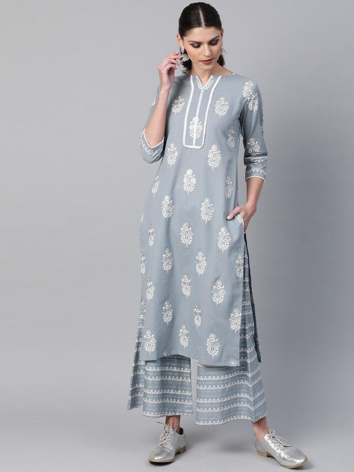 Grey Printed Cotton Kurta Set - ShopLibas