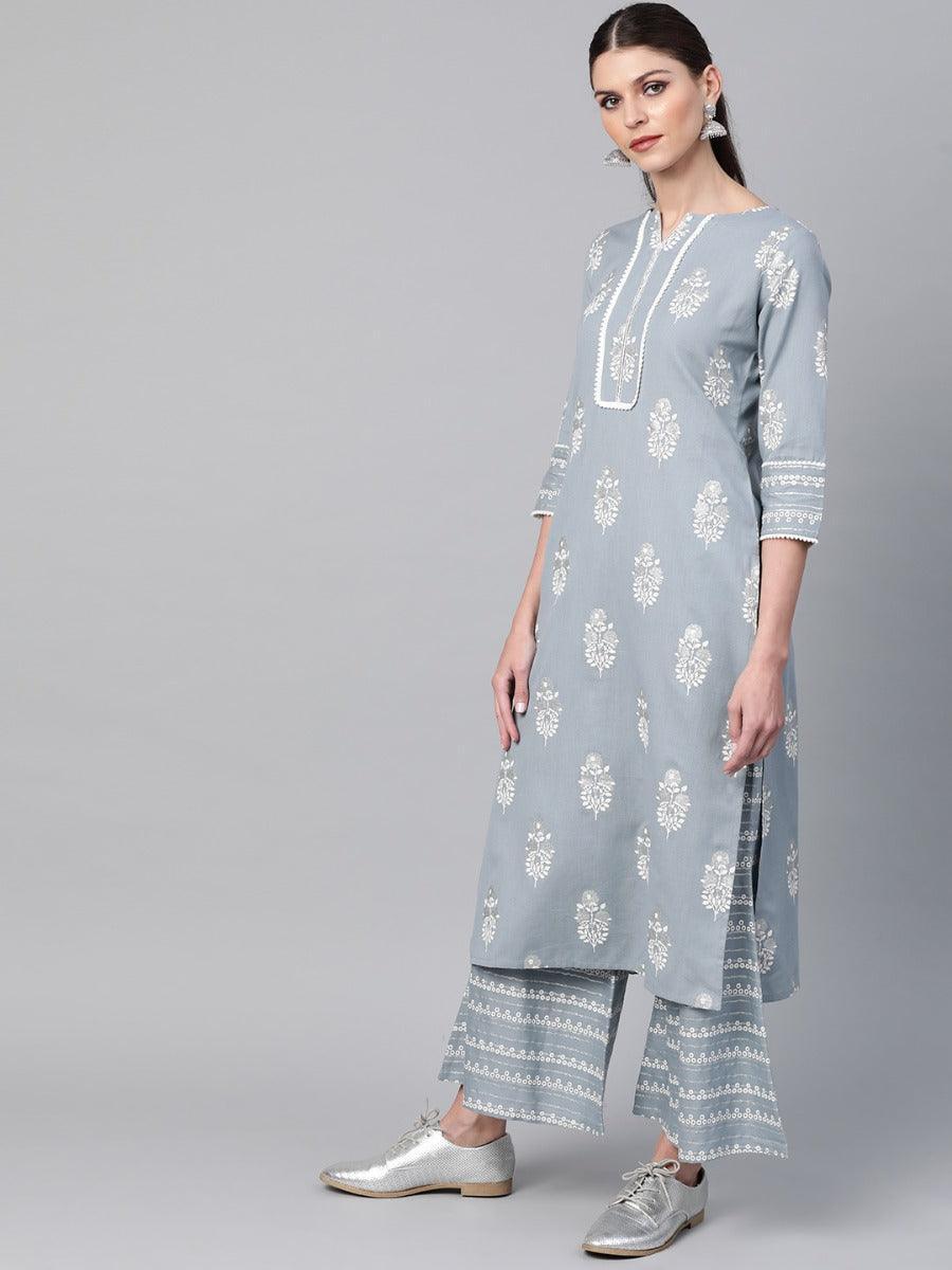 Grey Printed Cotton Kurta Set