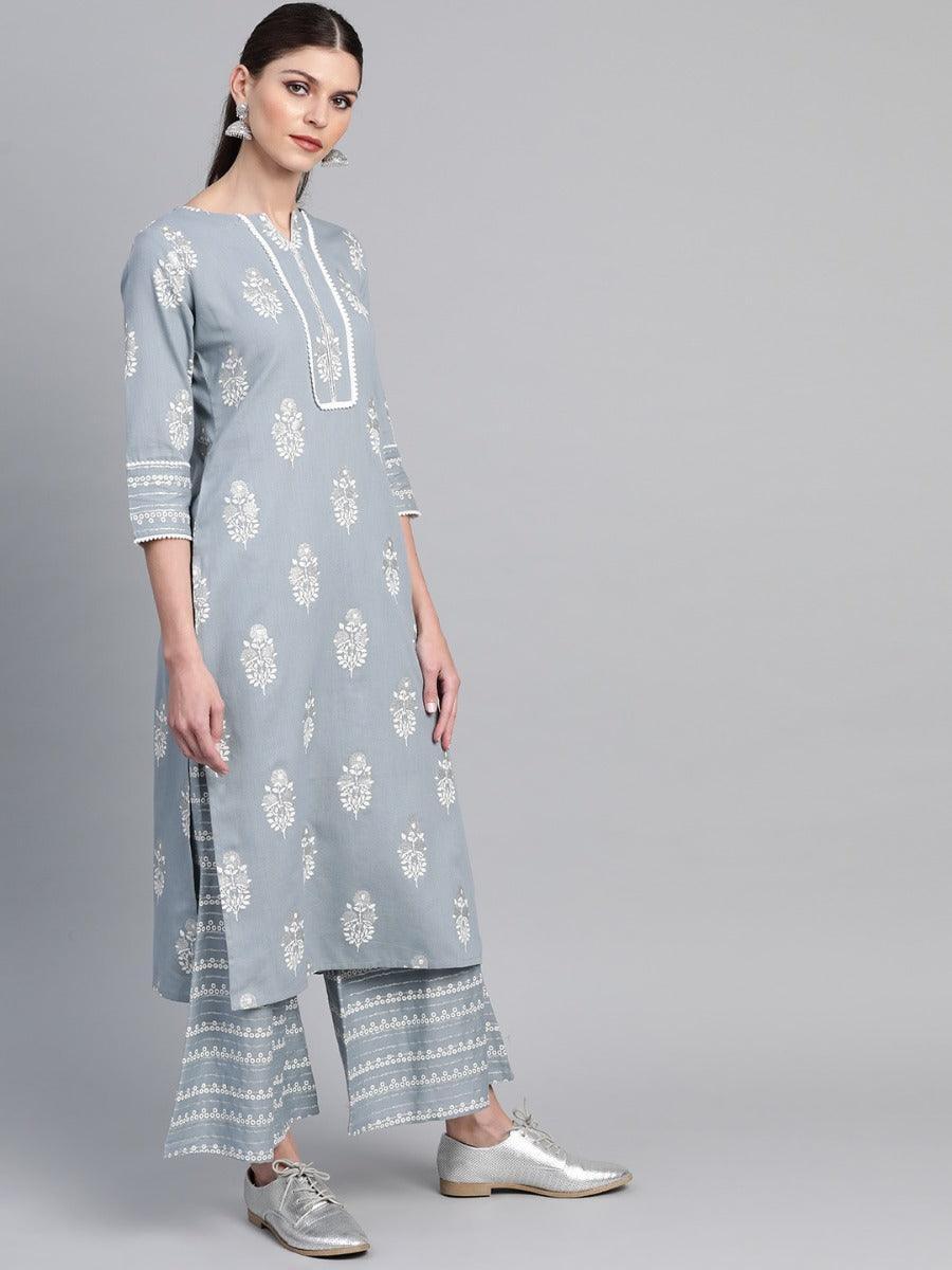 Grey Printed Cotton Kurta Set