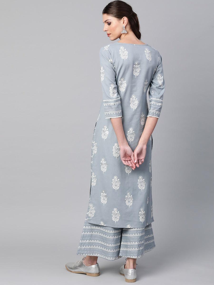 Grey Printed Cotton Kurta Set