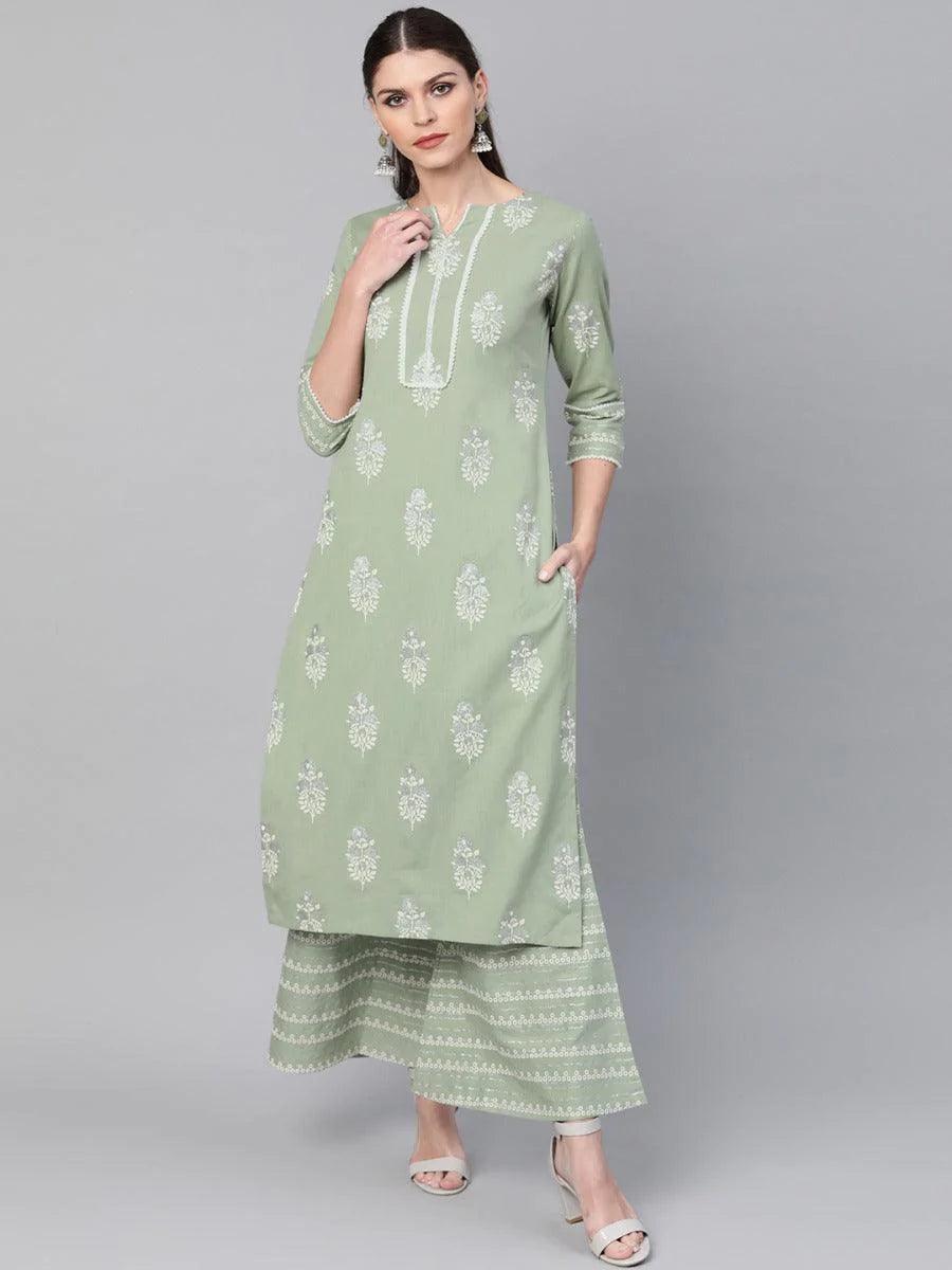 Green Printed Cotton Kurta Set