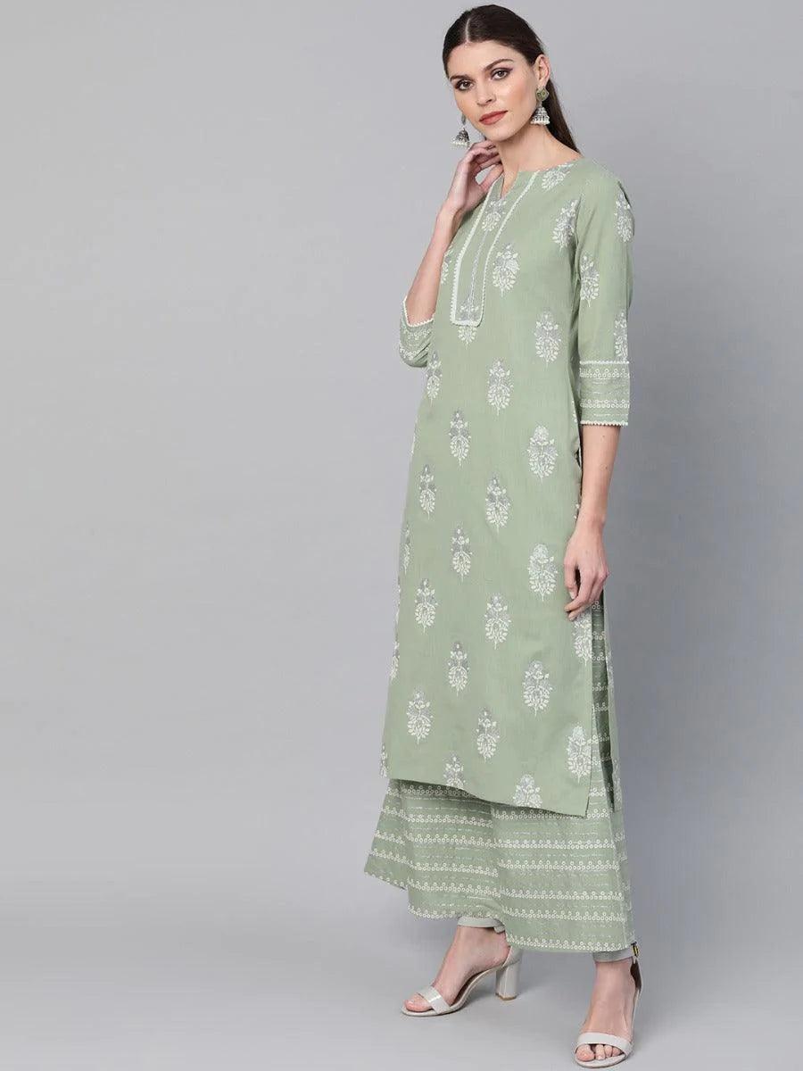 Green Printed Cotton Kurta Set