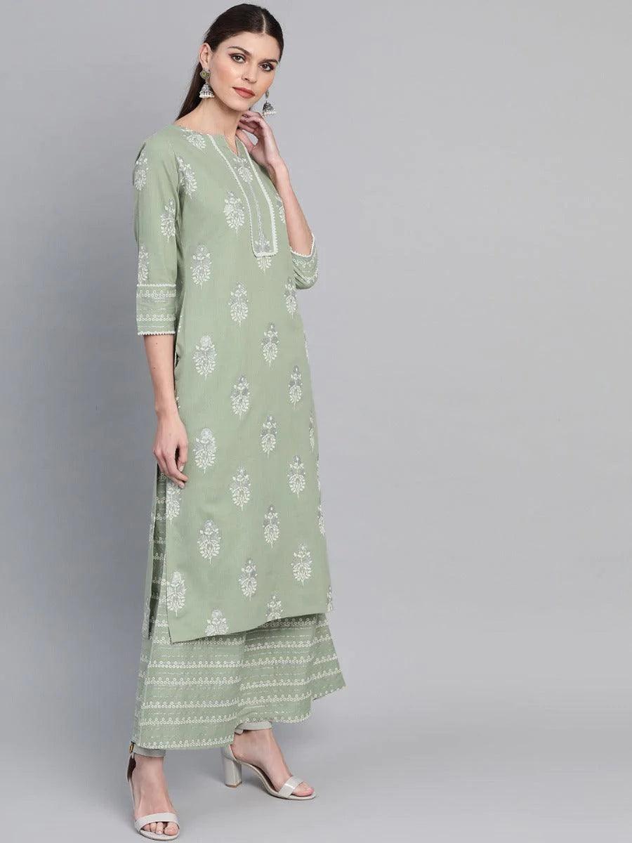 Green Printed Cotton Kurta Set