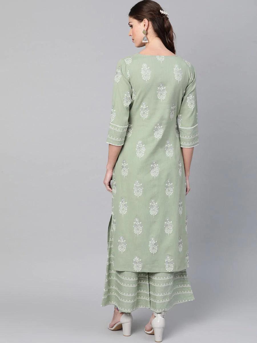 Green Printed Cotton Kurta Set