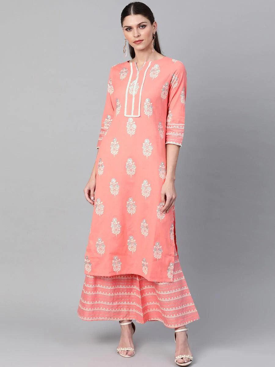 Pink Printed Cotton Kurta Set