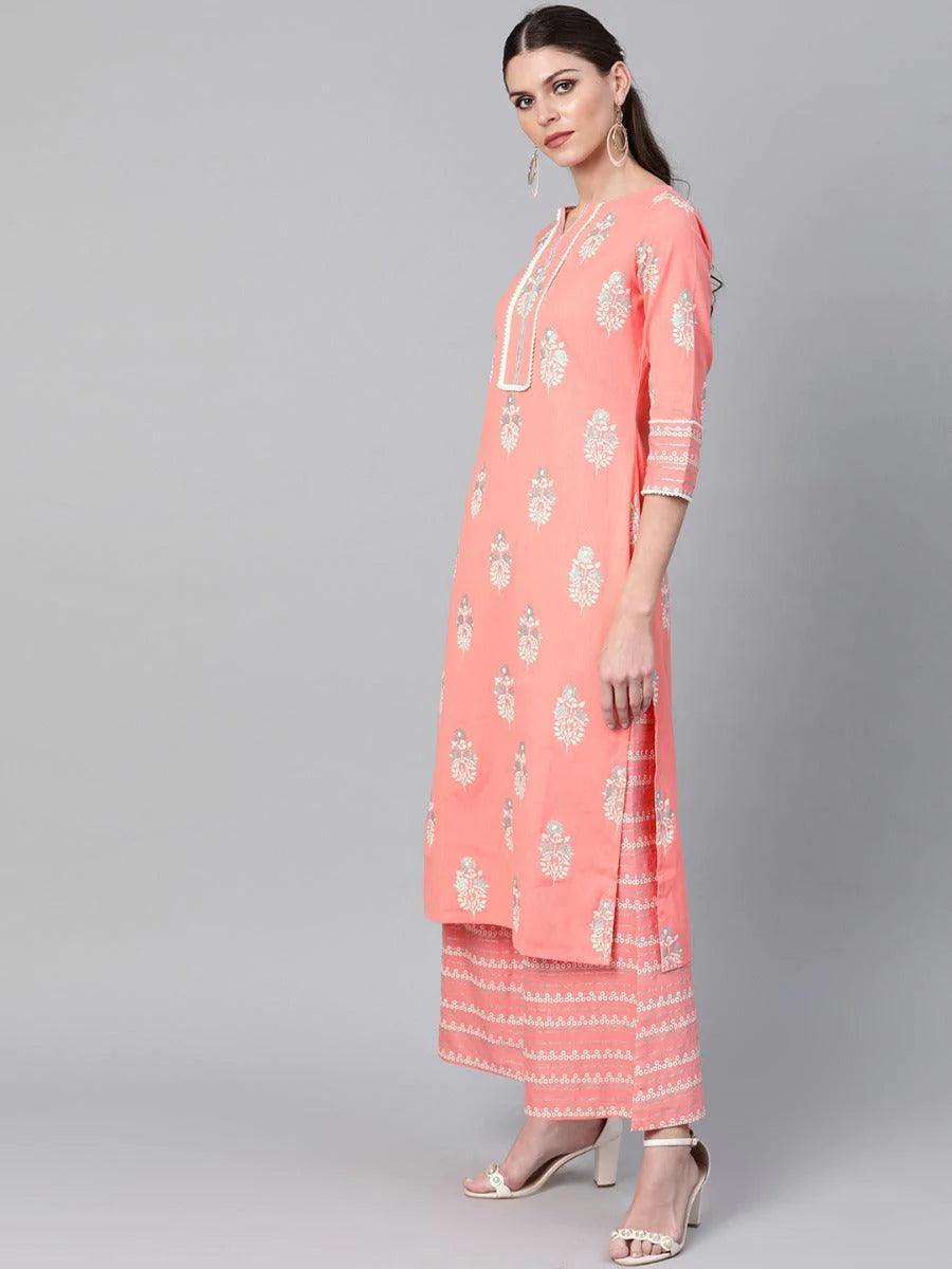 Pink Printed Cotton Kurta Set