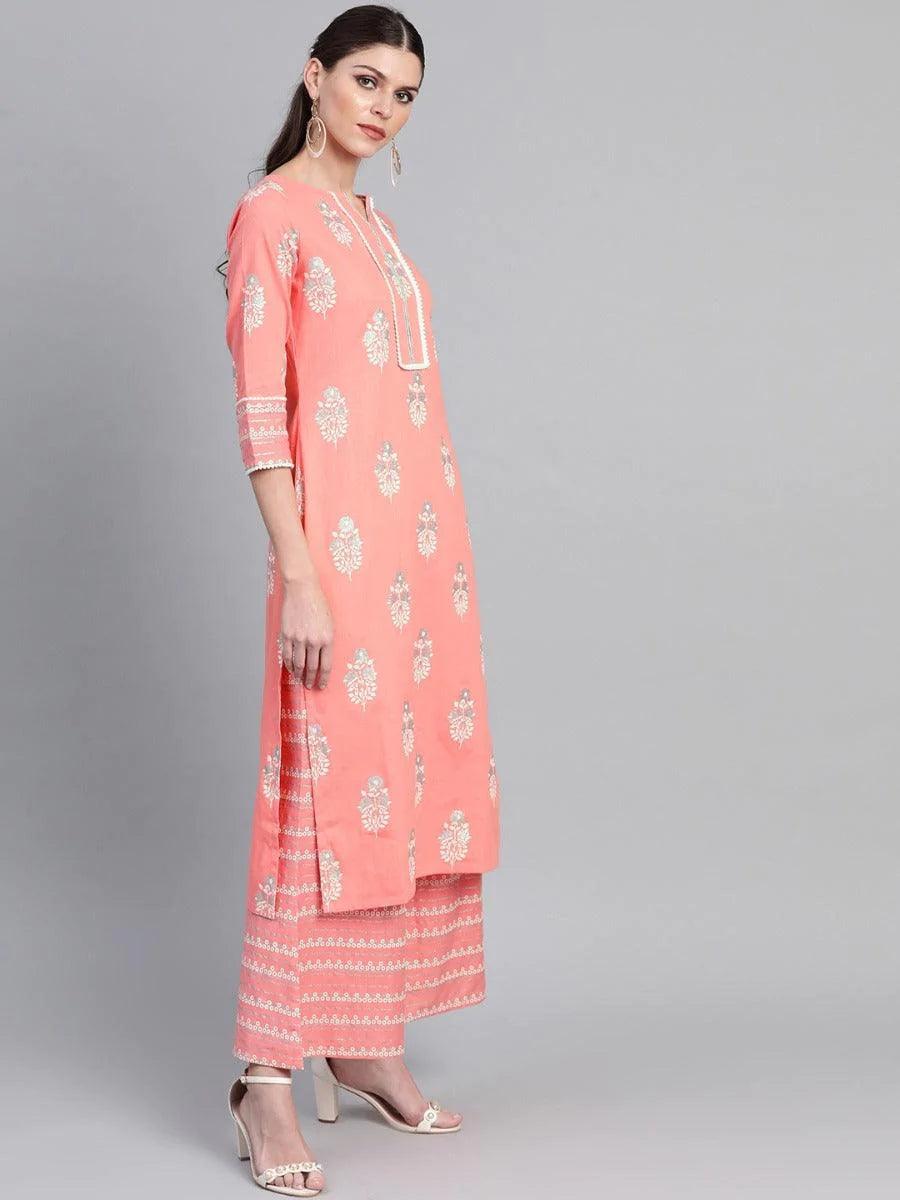 Pink Printed Cotton Kurta Set