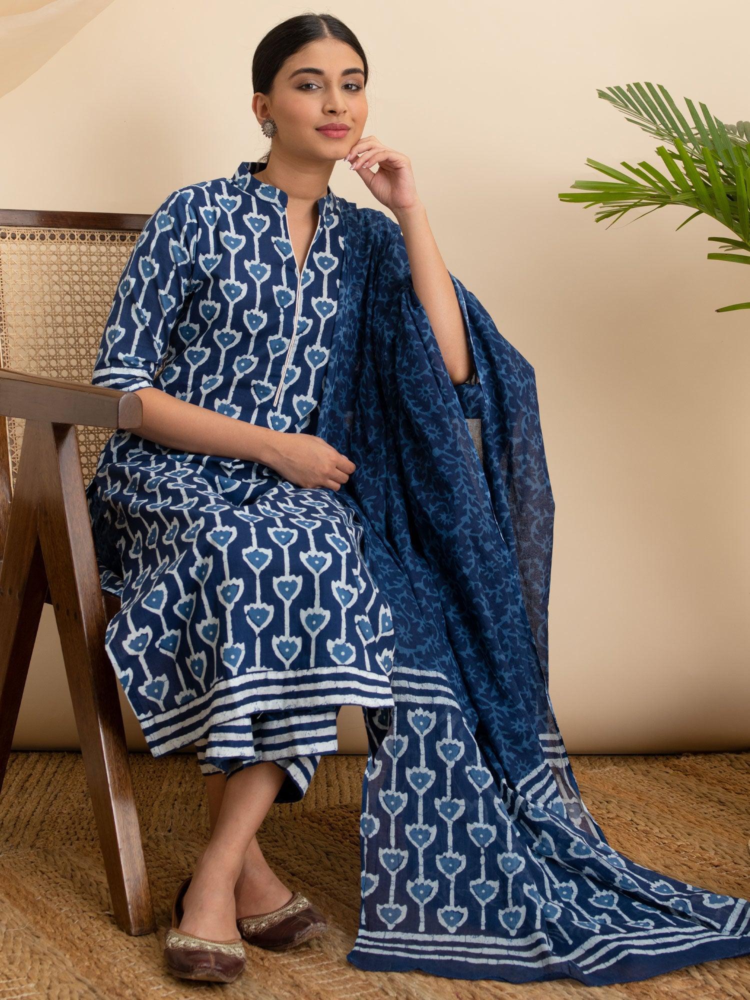 Blue Printed Cotton Suit Set