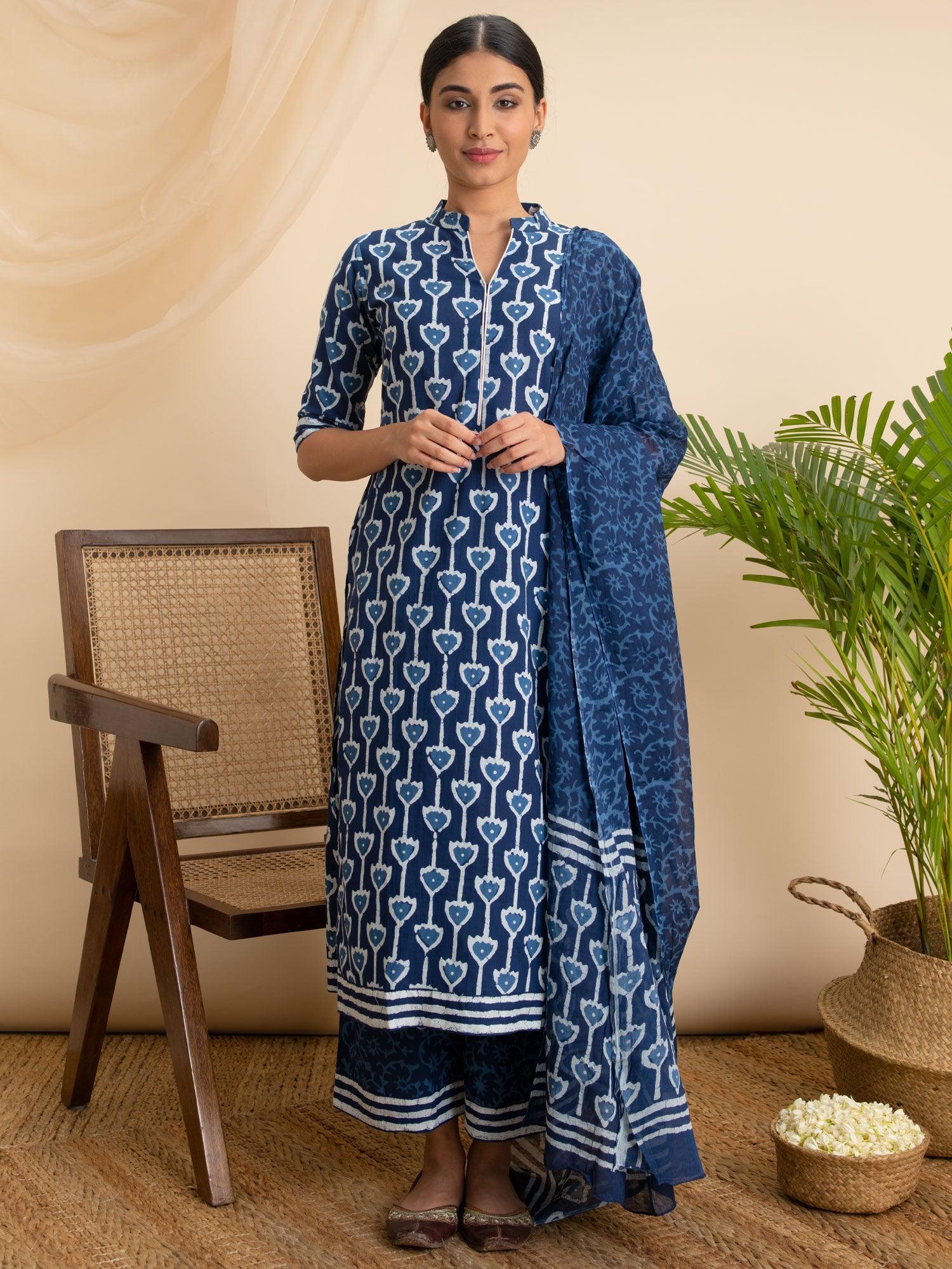 Blue Printed Cotton Suit Set