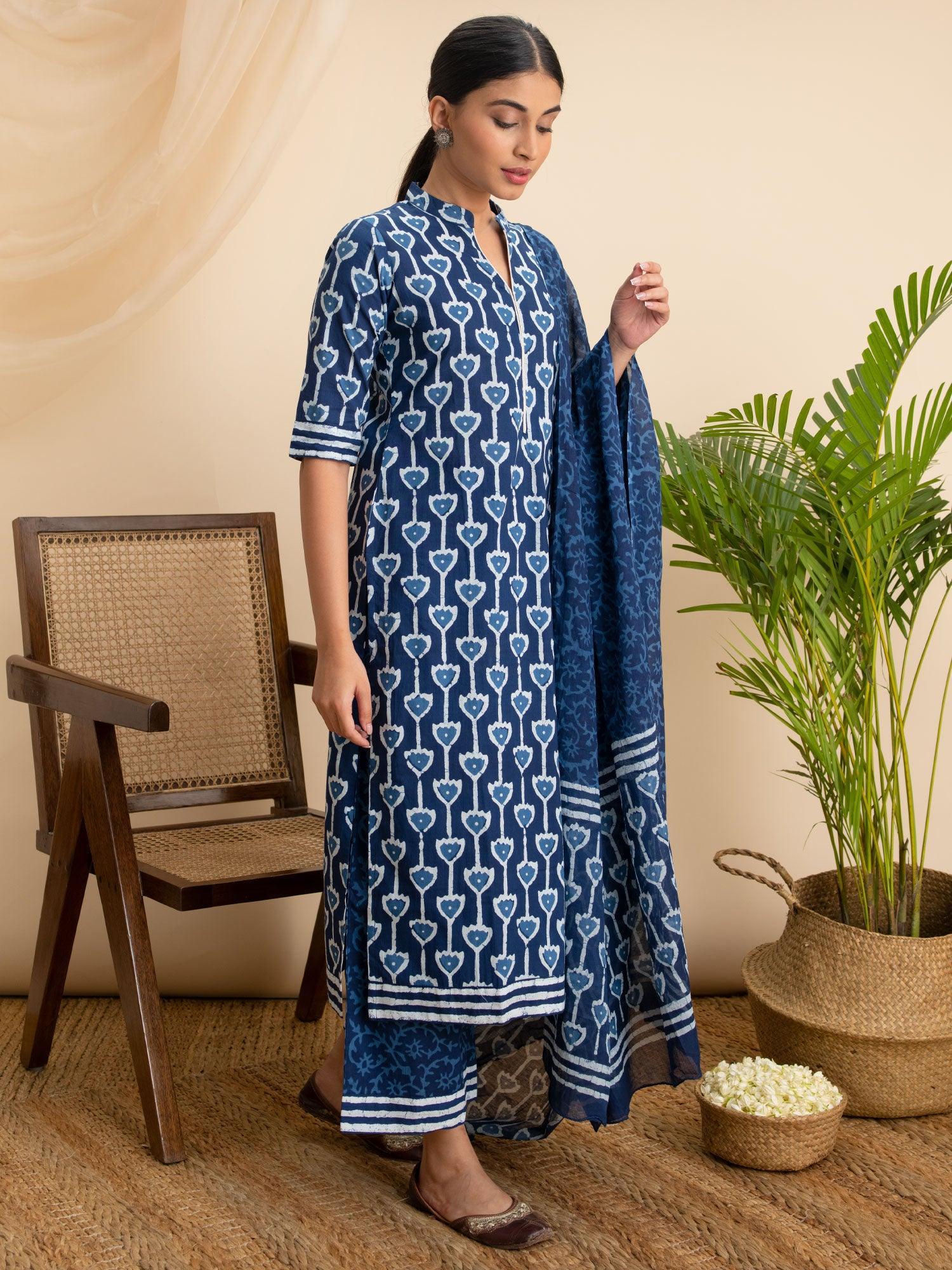 Blue Printed Cotton Suit Set