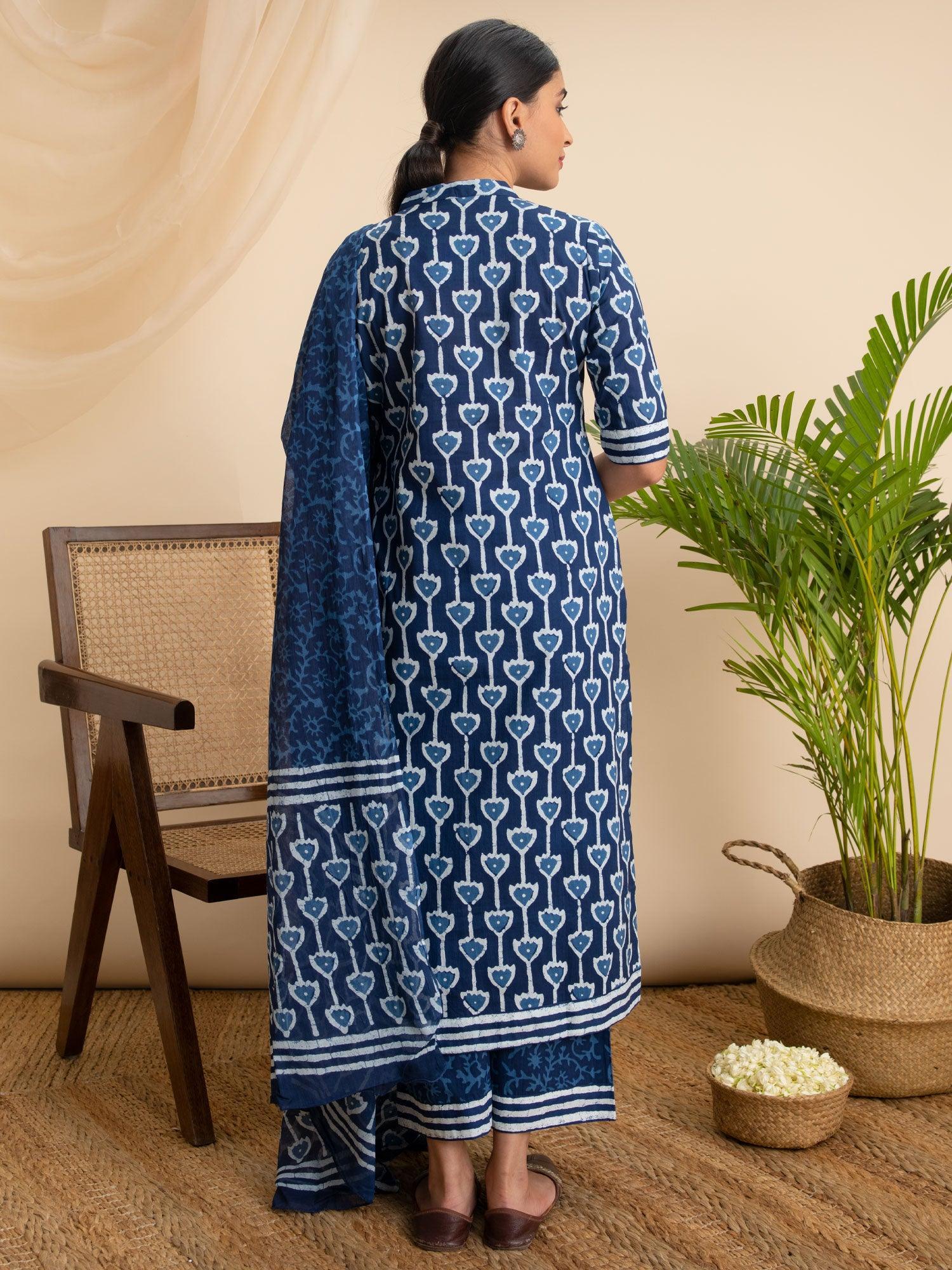 Blue Printed Cotton Suit Set