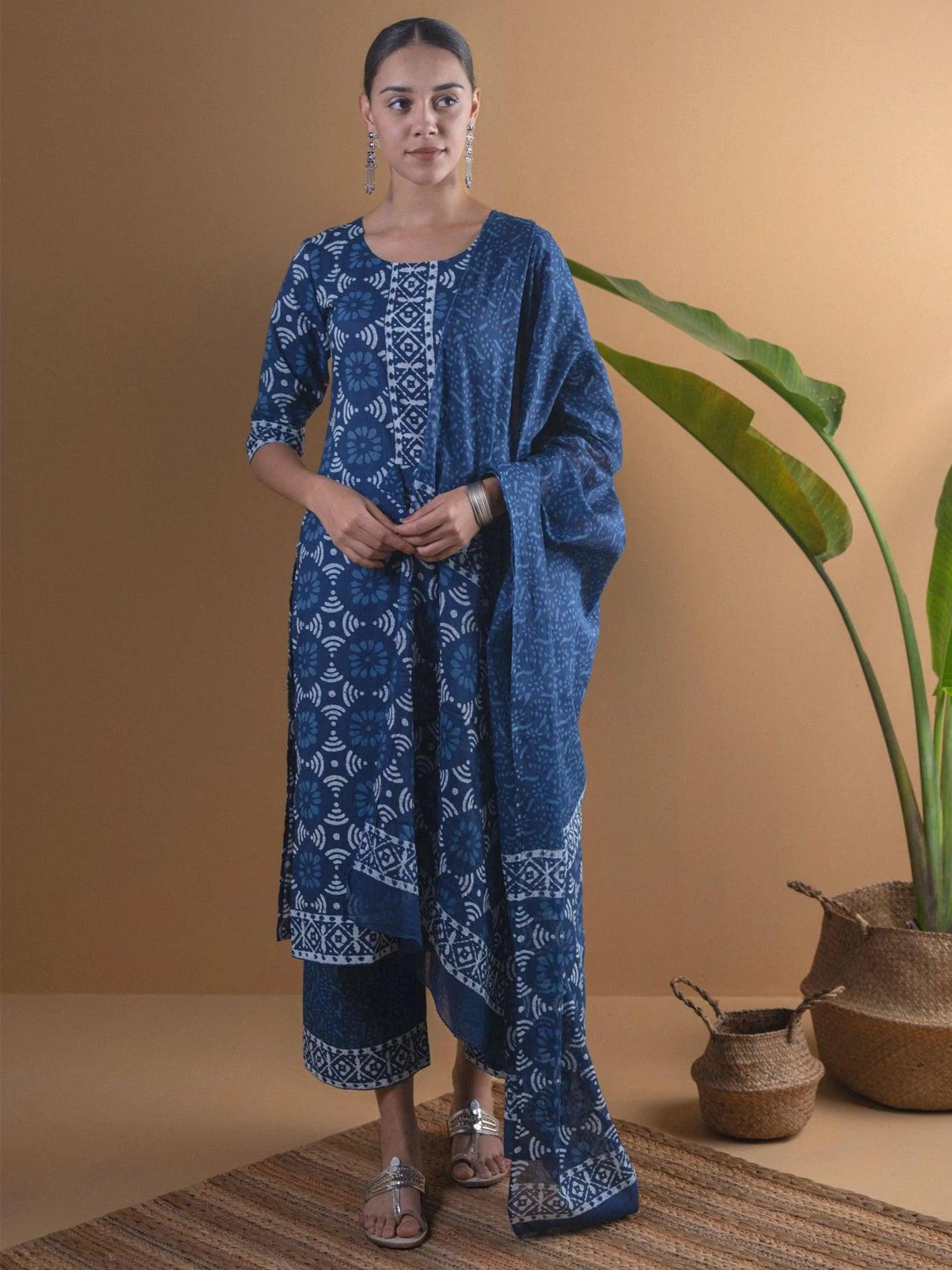 Blue Printed Cotton Suit Set