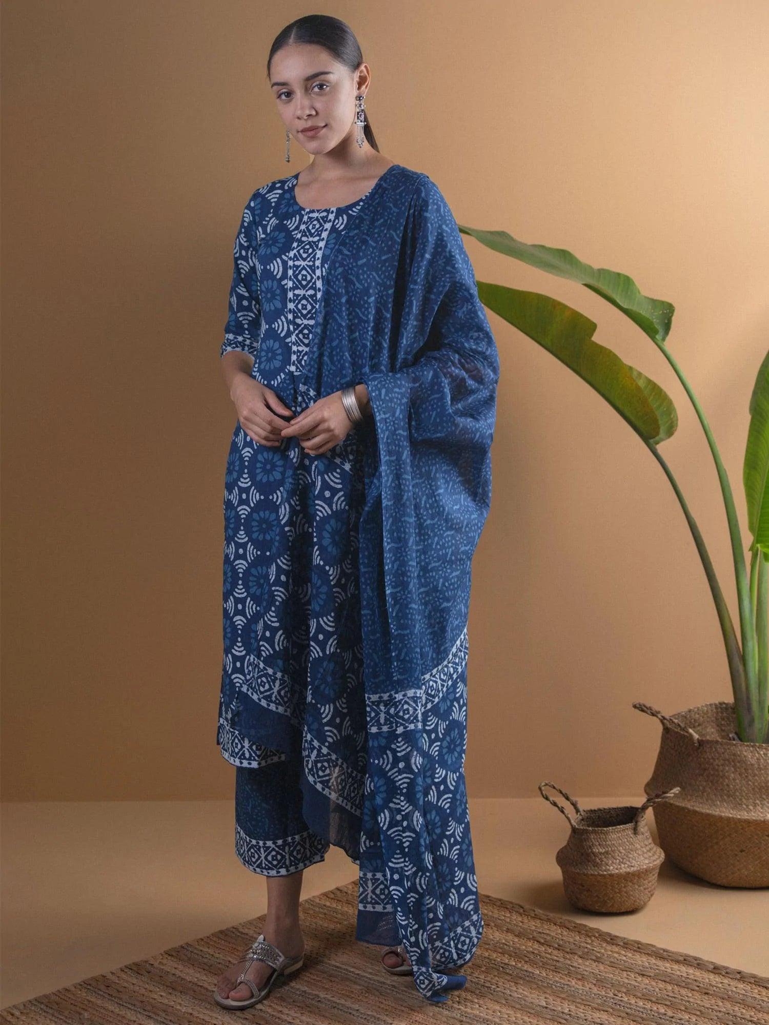 Blue Printed Cotton Suit Set