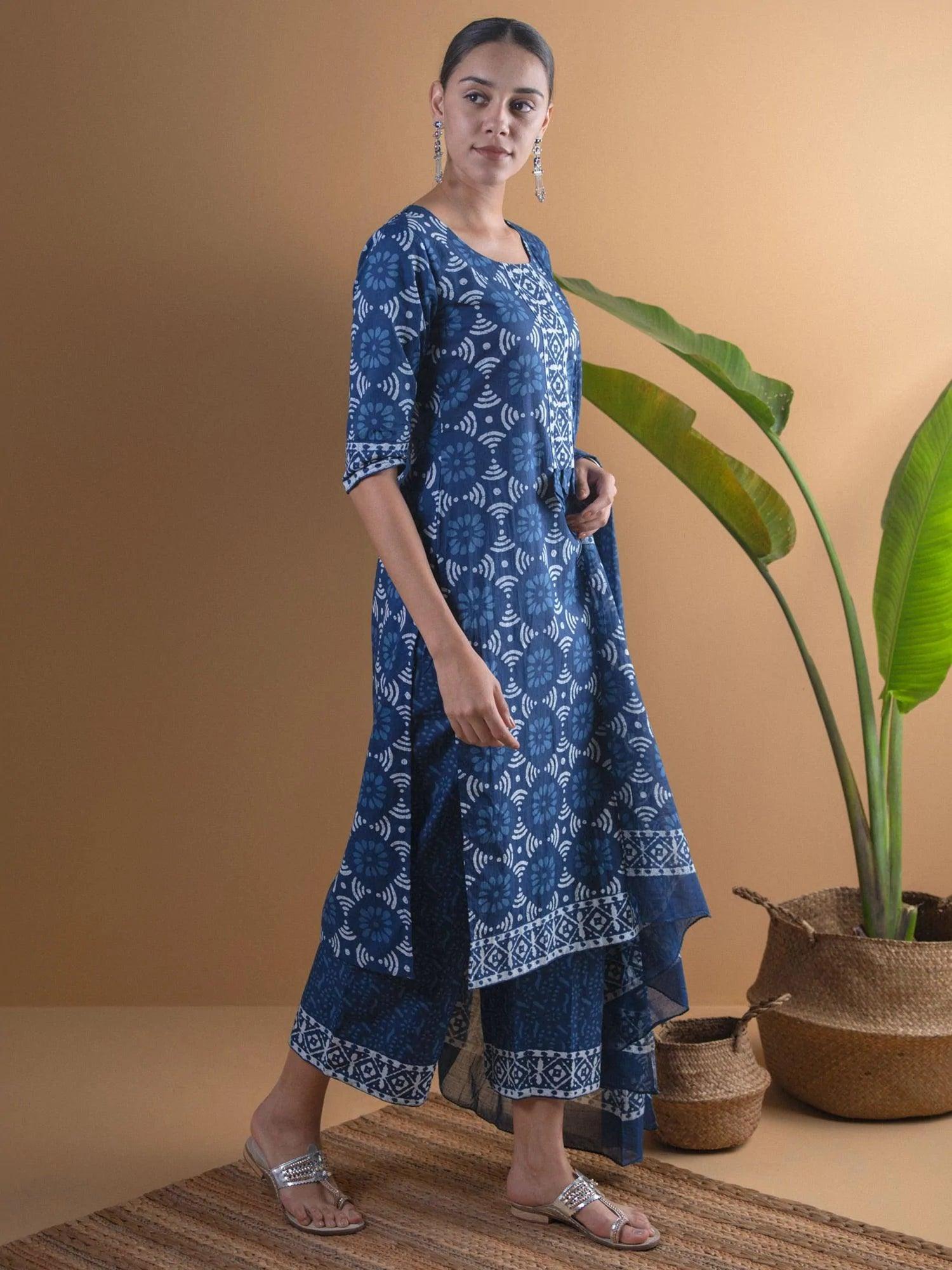 Blue Printed Cotton Suit Set