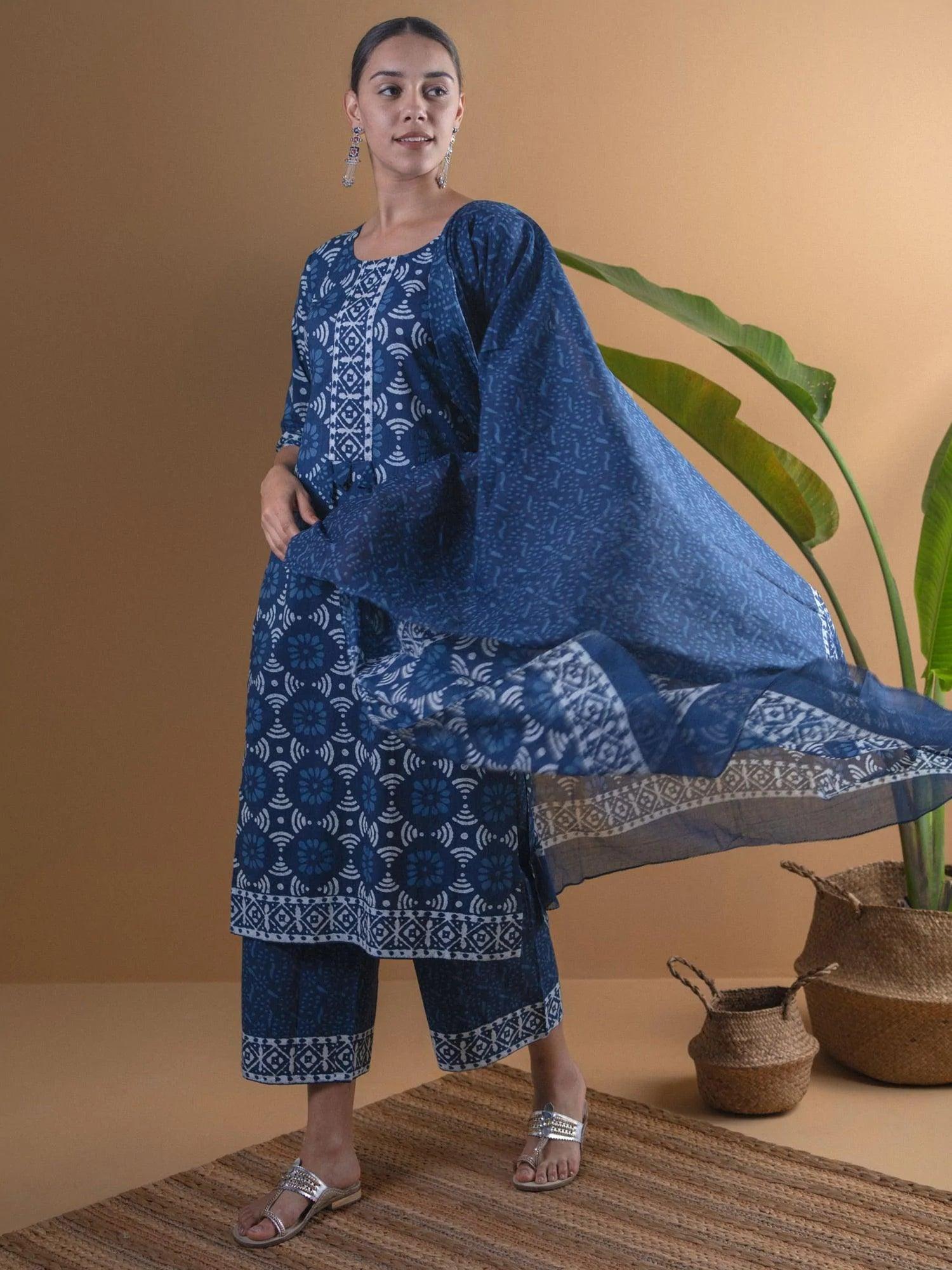 Blue Printed Cotton Suit Set