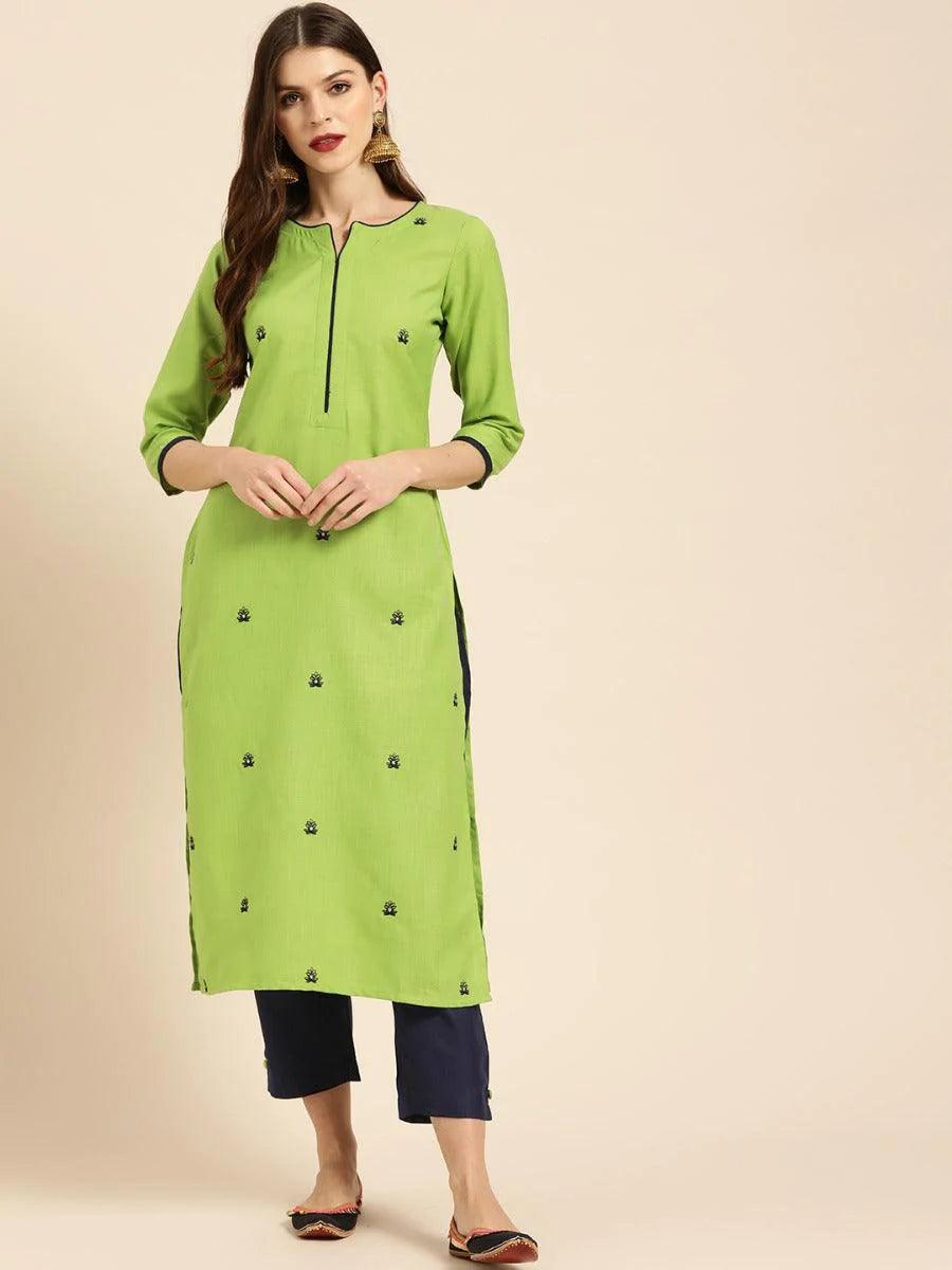 Green Embroidered Cotton Kurta Set