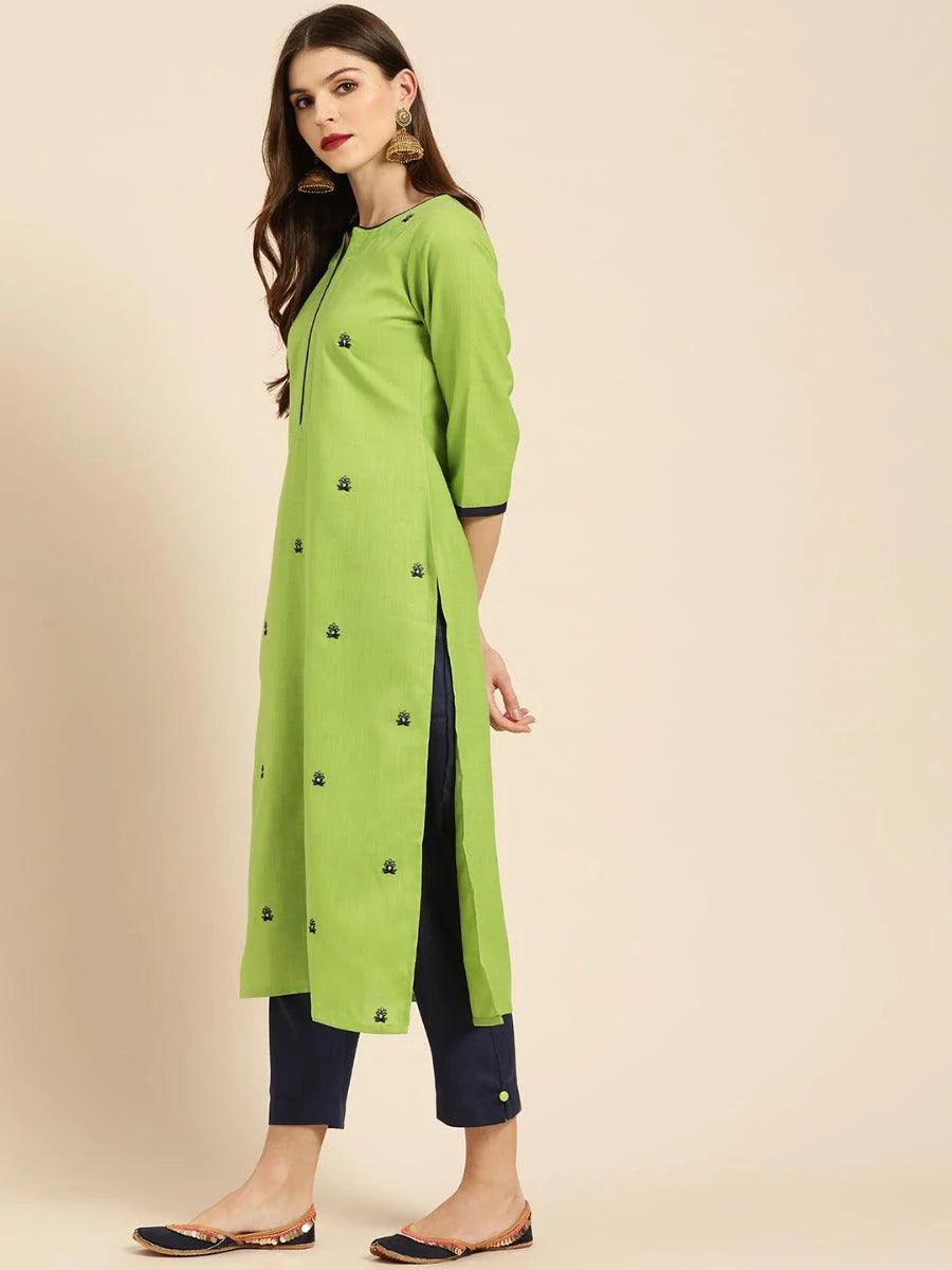 Green Embroidered Cotton Kurta Set