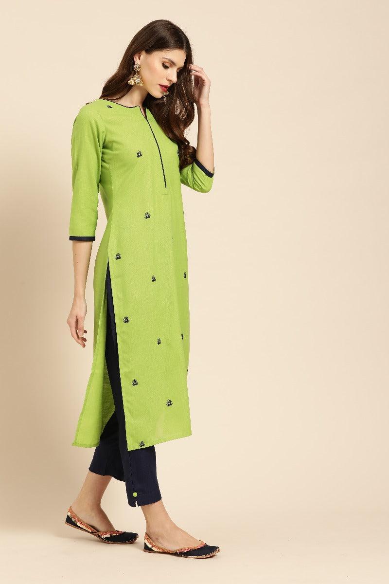 Green Embroidered Cotton Kurta Set