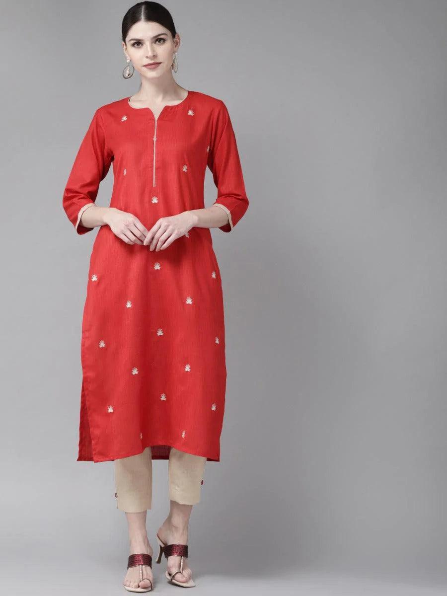 Red Embroidered Cotton Kurta Set