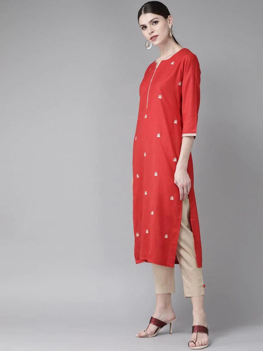 Red Embroidered Cotton Kurta Set