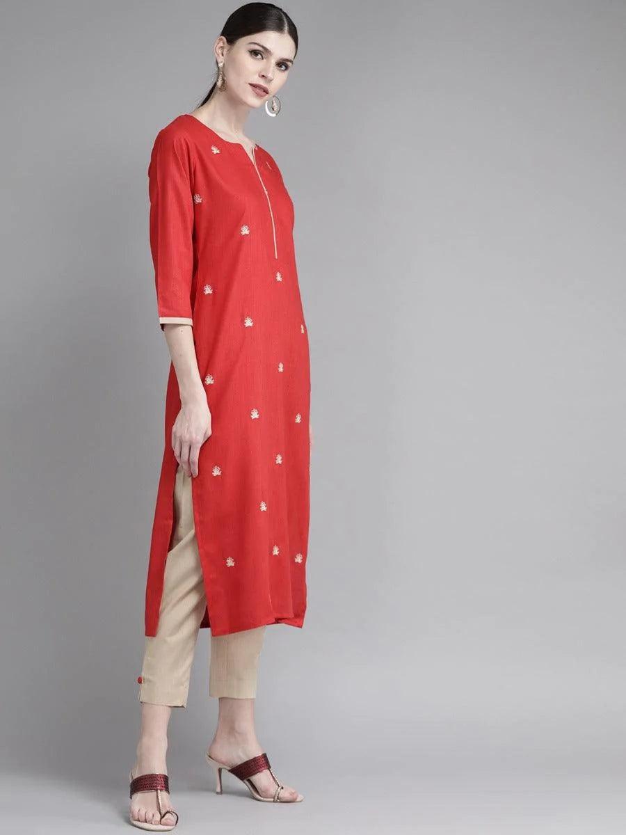 Red Embroidered Cotton Kurta Set