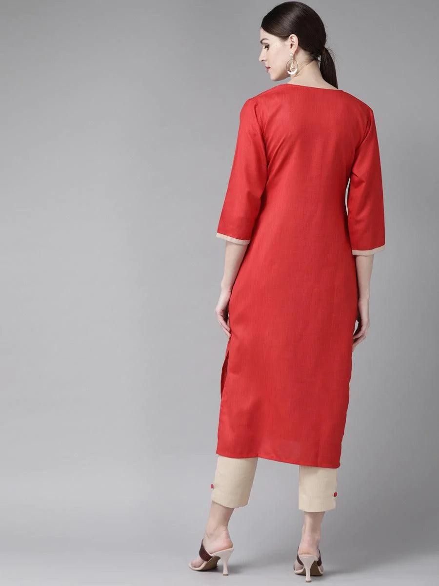 Red Embroidered Cotton Kurta Set