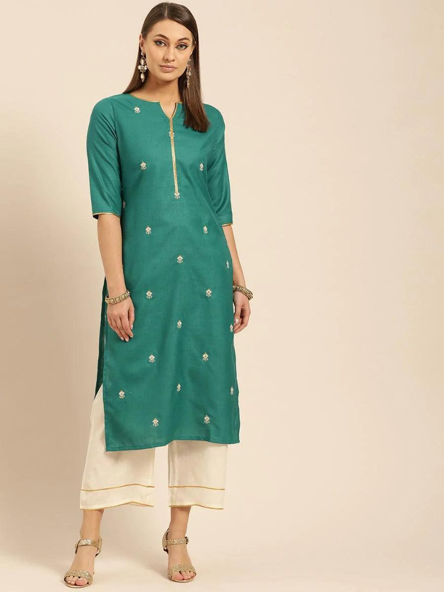 Green Embroidered Cotton Kurta Set