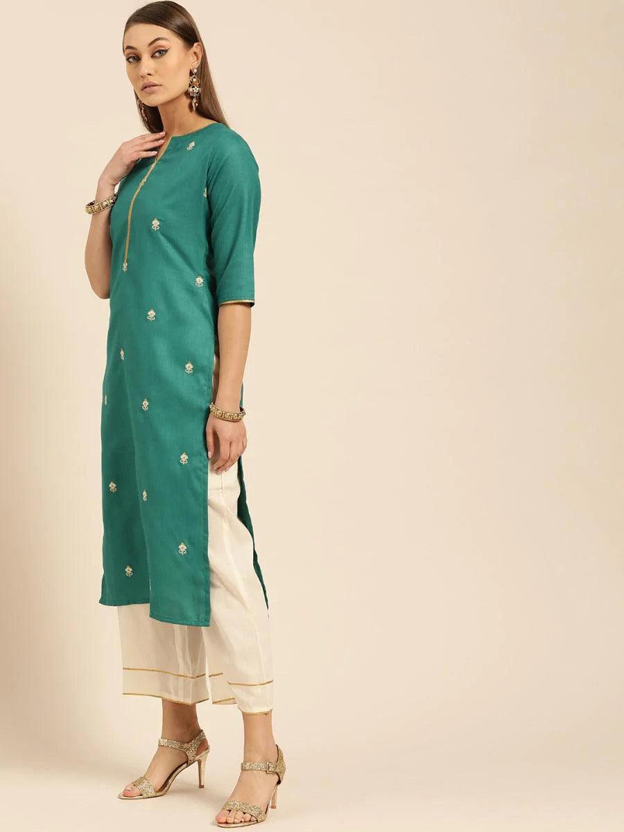 Green Embroidered Cotton Kurta Set