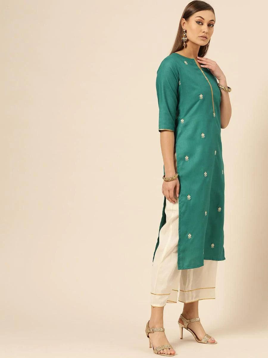 Green Embroidered Cotton Kurta Set