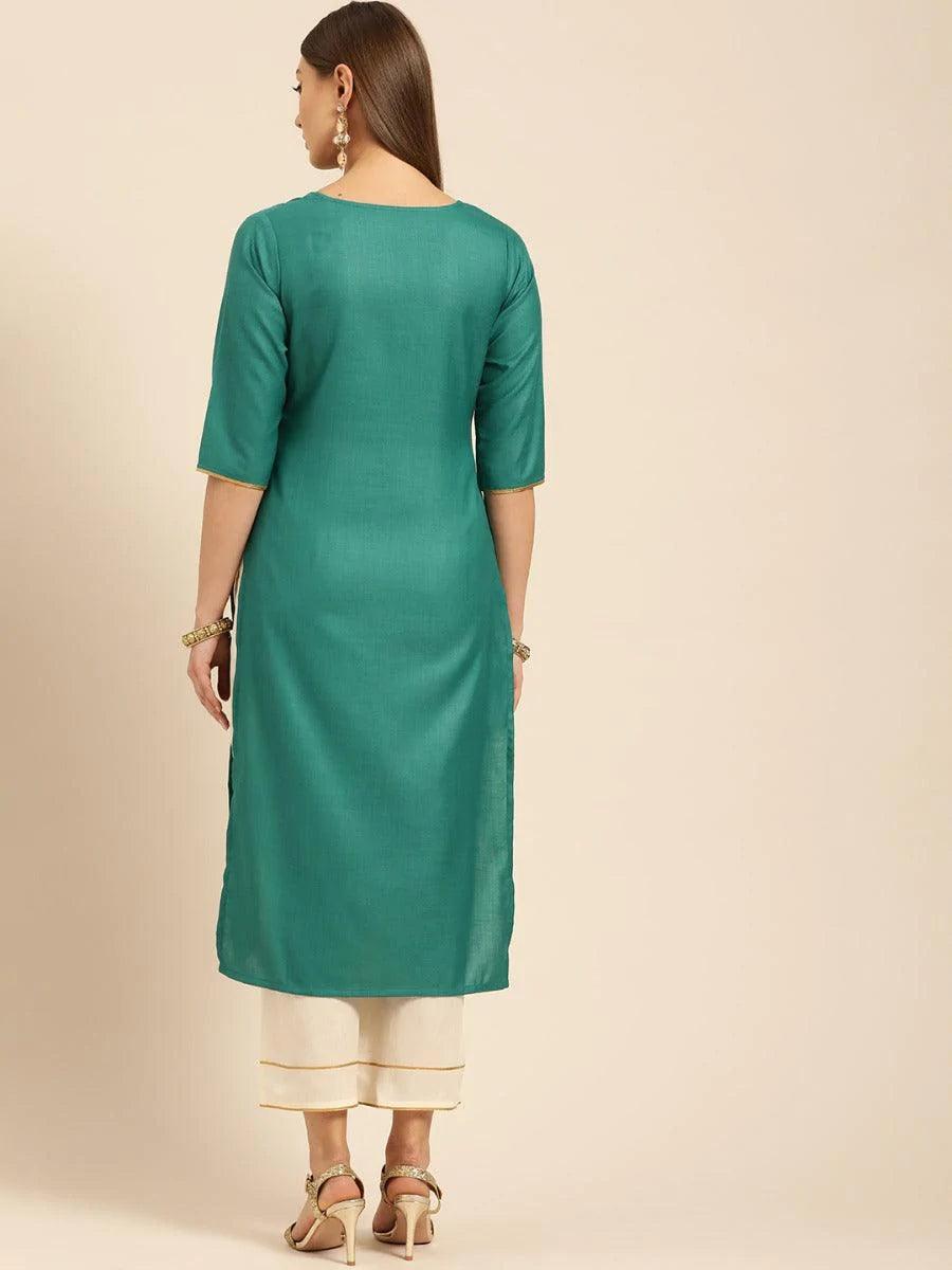 Green Embroidered Cotton Kurta Set