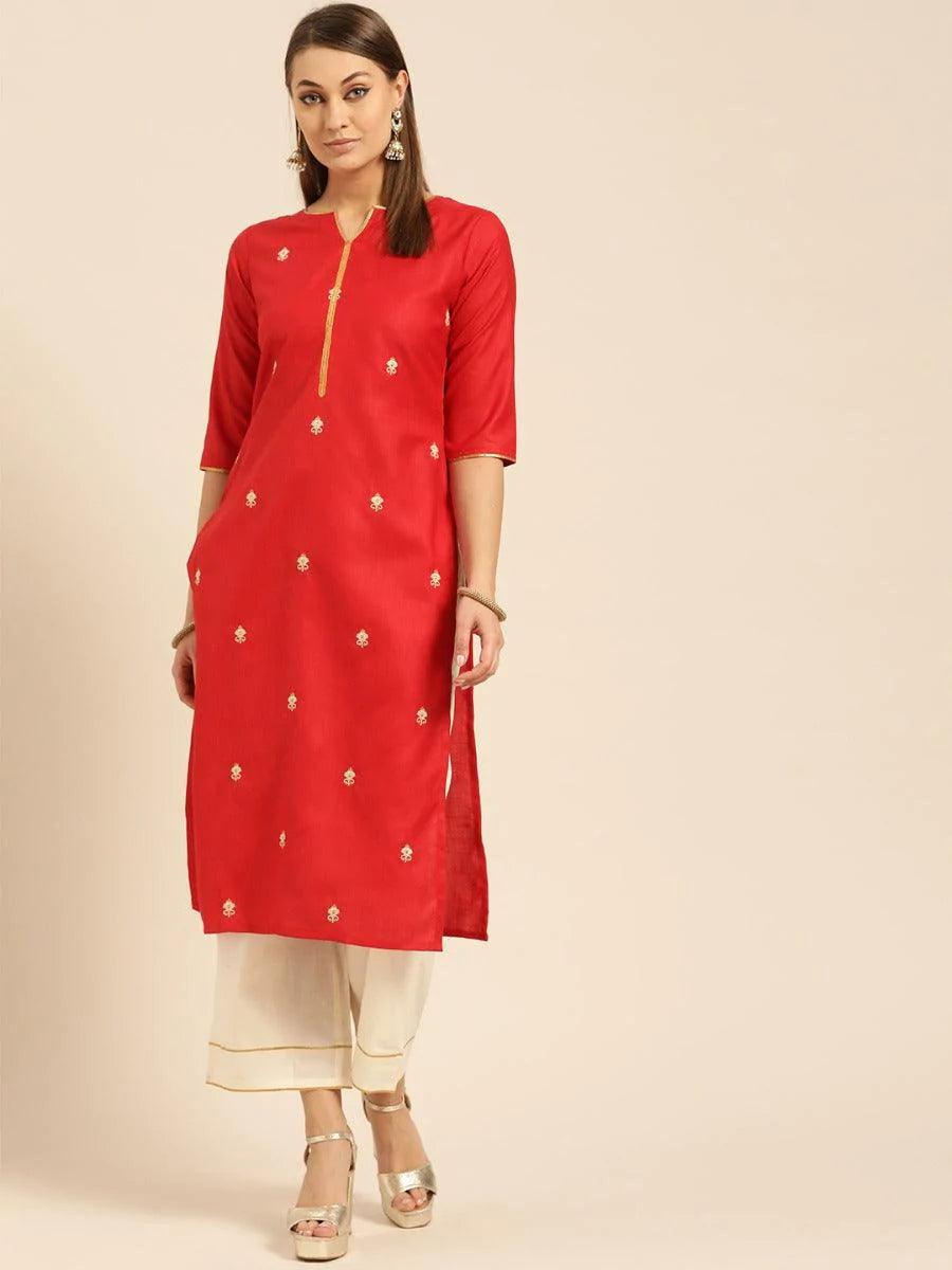 Red Embroidered Cotton Kurta Set